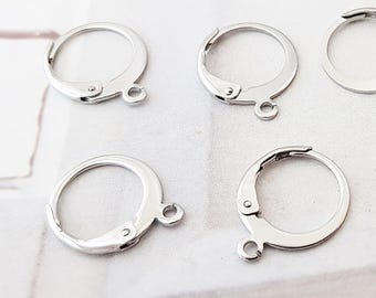 10 stainless steel leverback earring blanks, silver color, round stud earring blanks