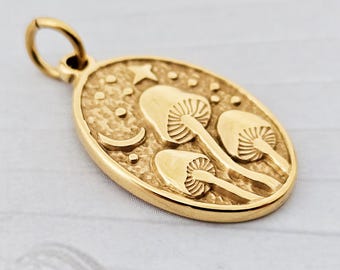 Mushroom stainless steel gold-plated pendant, forest oval amulet medallion, romantic charm necklace pendant with eyelet, moon, stars, night