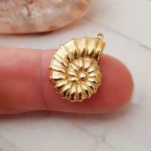 Könnte beinhalten: Ein goldfarbener Metall-Anhänger in Form einer Nautilus-Schale. Der Anhänger hat ein detailliertes, filigranes Design und ist perfekt für die Schmuckherstellung.
