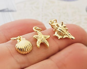 Set of maritime charms, 18k gold plated, summer starfish, shell, snail strand bracelet charms