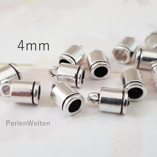 20 Endkappen 4mm Metall Fb. silber für Bänder Bandkappen Enden Bandenden mit Öse