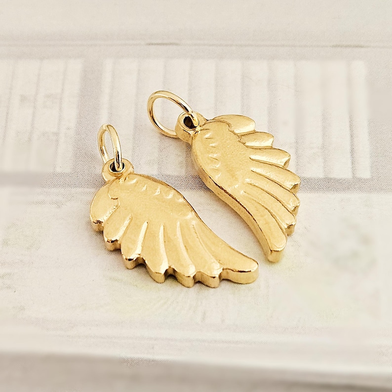 May include: Two gold-colored wing charms with a loop at the top for hanging. The charms are detailed with feather-like lines and have a polished finish. The wings are a symbol of freedom and protection.