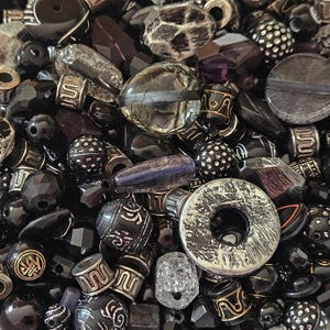 Bead set, 100 pieces, 5-28 mm, black, antique silver, various shapes, mix, jewelry, DIY, crafts, round, oval, motifs, baroque, patina