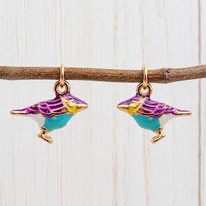 2 Enamel Bird Pendants, Colorful Gold Plated, Three-Dimensional Charm, Little Birds, 3D