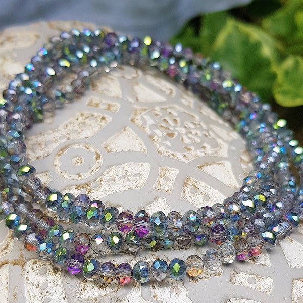 120 Kristallperlen 4mm Glasschliffperlen Farbe grau Regenbogen galvanisiert facettiert Glasperlen Perlen