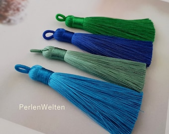 2x pompon brillant 8 cm sélection de couleurs boho bleu kaki olive marine roseau pendentif pompon chaîne pendentif pompon pendentif avec boucle à œillets