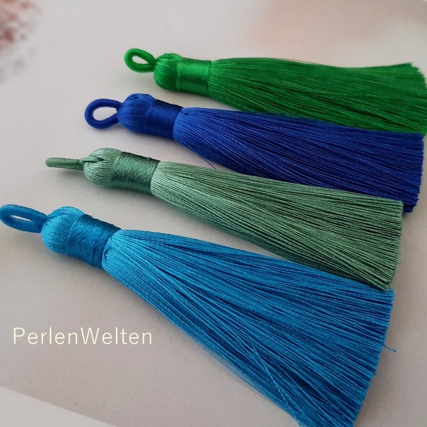 2x Quaste glänzend 8cm Farbauswahl Boho blau khaki oliv marine schilf Anhänger Tassel Kettenanhänger Quastenanhänger mit Öse Schlaufe