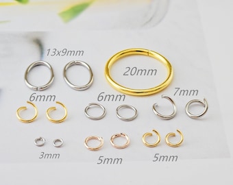 Stainless steel jump rings, gold-plated, silver, 3 mm, 5 mm, 6 mm, 7 mm, round, oval, open, 20 mm, 18k rose gold, fine, stable