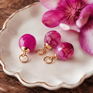 2 Agate Ball Charms, Gold Plated Stainless Steel, Fuchsia Pink Ball Pendants, Gemstone