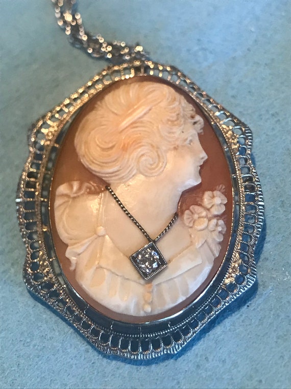 14K White Gold Large Cameo with Diamond