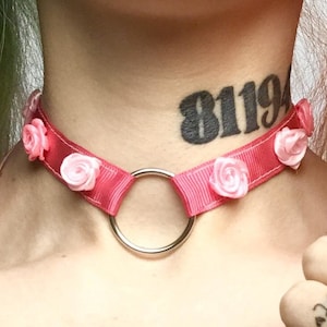 Pink roses collar choker with roses and metal ring for cute kawaii harajuku alternative fashion