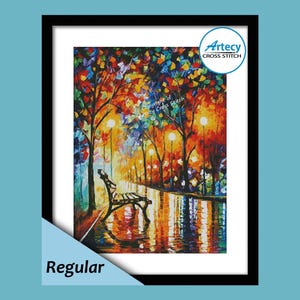 May include: Framed cross-stitch art depicting a park scene at night. The artwork features a bench, trees with colorful foliage, and streetlights reflecting in a wet surface. The frame is black, and the art is labeled "Regular".