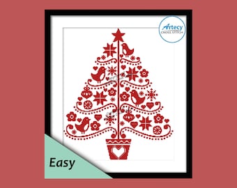 Folk Art Christmas Tree Cross stitch pattern, Christmas cross stitch chart, counted cross stitch chart, xmas cross stitch, pdf chart, Artecy