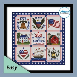 May include: Cross-stitch pattern featuring patriotic American symbols. Includes the Liberty Bell, an eagle, the American flag, a house, a barn, a heart with the flag, a ship, and a lantern. The text reads "250 Years of America 1776-2026" and "Liberty".