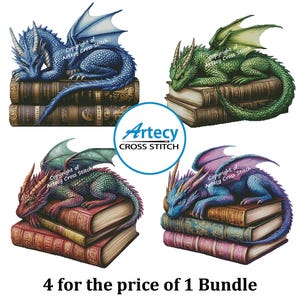 May include: Four illustrations of dragons resting on stacks of books, featuring blue, green, red, and purple color schemes. Each dragon has wings and scales. The center includes the text Artecy CROSS STITCH and the bottom text 4 for the price of 1 Bundle.