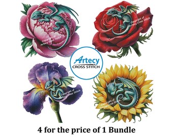 Little Dragons on Flowers Cross Stitch Patterns: Fantasy Bundle (PDF Download)