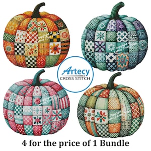 Peut inclure: Quatre citrouilles colorées en patchwork avec une variété de motifs et de couleurs, notamment orange, vert, bleu et rose. Les citrouilles sont disposées en forme de carré avec le texte "4 pour le prix d'un lot" en bas.