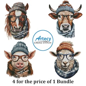Bundle of 4 Hipster Farm Animal Cross stitch patterns, Horse, Bull, Pig, Sheep, counted cross stitch chart, cross stitch PDF, artecy