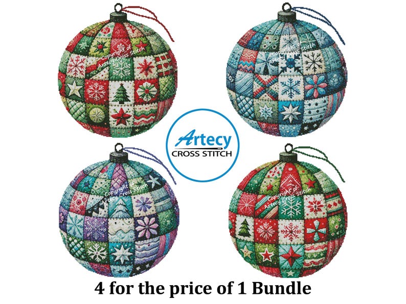 May include: Four colourful Christmas bauble cross stitch patterns. Each bauble is a patchwork of different coloured squares with snowflakes, stars, and other festive designs. The baubles are all round and have a traditional Christmas bauble shape. The text "4 for the price of 1 Bundle" is at the bottom of the image.