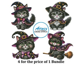 Paquete de patrones de punto de cruz de gatos brujos: punto de cruz de Halloween (PDF)