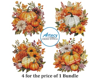 Autumn Pumpkin Floral Cross Stitch Patterns: Bundle of 4 (PDF)