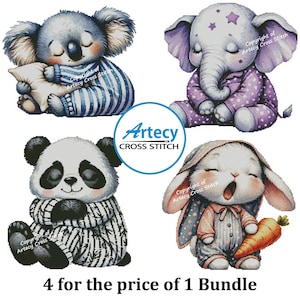 Bundle von 4 Schläfrige Baby Tiere Kreuzstich Anleitung, Kinderzimmer Kreuzstich, Kreuzstichvorlage, Kreuzstich dmc pdf, Artecy