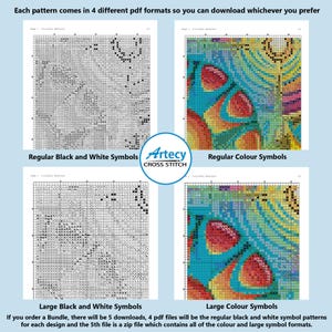 May include: Four different versions of a cross stitch pattern are shown. The top left image shows a black and white pattern with small symbols. The top right image shows a colourful pattern with small symbols. The bottom left image shows a black and white pattern with large symbols. The bottom right image shows a colourful pattern with large symbols. The text "Artecy Cross Stitch" is in the centre of the image.