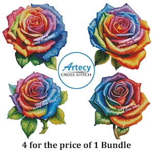 Bundle von 4 Regenbogen Rose Kreuzstichmuster, Rosen, Blumen, Kreuzstichvorlage, Kreuzstich PDF Set, Artecy Kreuzstich