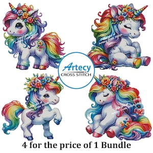 Bundle of 4 Rainbow Unicorns Cross stitch patterns, country cross stitch, counted cross stitch chart, unicorn cross stitch pdf, artecy