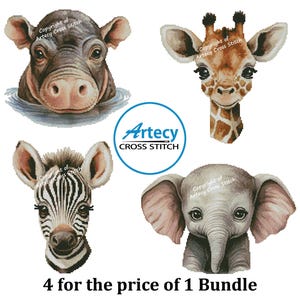 Peut inclure: Un ensemble de quatre motifs de point de croix représentant des visages d'animaux. Les animaux sont un hippopotame, une girafe, un zèbre et un éléphant. Les motifs sont dans un style aquarelle et sont parfaits pour les amateurs de point de croix.