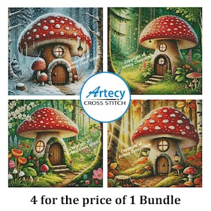 May include: Four cross-stitch patterns featuring mushroom houses with red caps and white spots. Each scene depicts a different forest setting, with the text "4 for the price of 1 Bundle" at the bottom. The Artecy Cross Stitch logo is in the center.