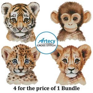 Bundle von 4 Baby Safari Tiere 1 Kreuzstichmuster, Tiger, Affe, Leopard, Löwe, Kreuzstichvorlage, Tierstich pdf, Artecy