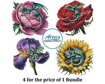 Little Dragons on Flowers Cross Stitch Patterns: Fantasy Bundle (PDF)