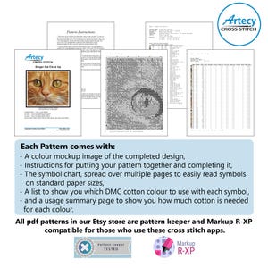 May include: A digital cross stitch pattern featuring a close-up of a ginger cat. The pattern includes a colour mockup, instructions, a symbol chart, a DMC cotton colour list, and a usage summary page. The pattern is compatible with Pattern Keeper and Markup R-XP apps.