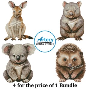 May include: A set of four cross stitch patterns featuring adorable animal illustrations: a kangaroo, a wombat, a koala, and a hedgehog. The patterns are titled "4 for the price of 1 Bundle" and are from Artecy Cross Stitch.