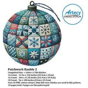 May include: A cross stitch pattern for a patchwork Christmas bauble ornament. The ornament is blue, white, and red with a snowflake and star design. The pattern is 160 stitches wide by 178 stitches high. It uses 54 DMC cotton colours and is available in 14, 16, and 18 count.