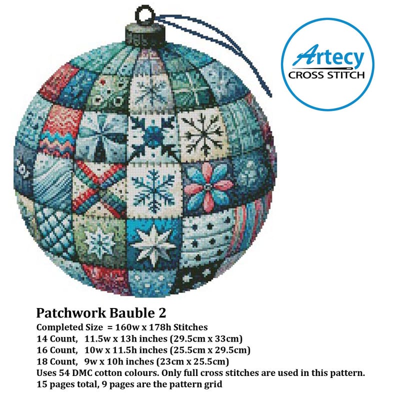 May include: A cross stitch pattern for a patchwork Christmas bauble ornament. The ornament is blue, white, and red with a snowflake and star design. The pattern is 160 stitches wide by 178 stitches high. It uses 54 DMC cotton colours and is available in 14, 16, and 18 count.