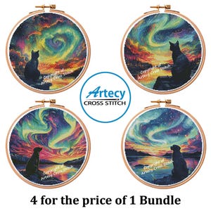 May include: Four cross-stitch embroidery hoops featuring a silhouette of a dog or cat against a colorful aurora borealis backdrop. The hoops are displayed in wooden frames. The text "4 for the price of 1 Bundle" is at the bottom.