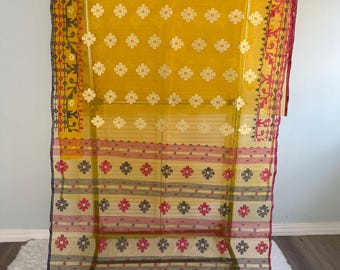 84 Counts Handmade Muslin Dhakai Jamdani Half Silk Saree (blouse piece included)