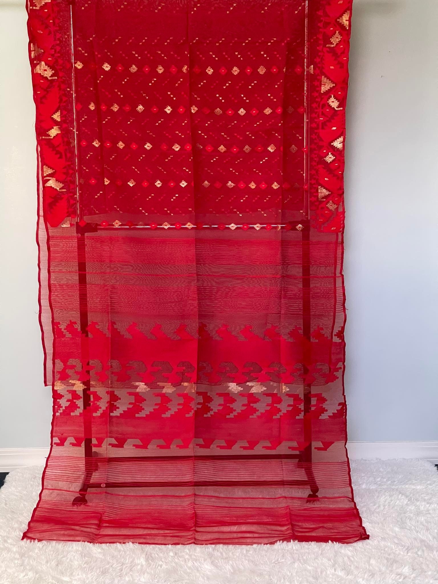 Beautiful Red Handmade Muslin Dhakai Jamdani Half Silk Saree Etsy