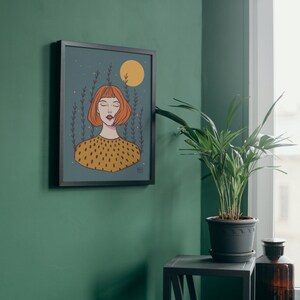 Orange, girl, mystic, flower, moon, illustration, woman, cute, wall decor, printable art, instant download, art print, cute illustration