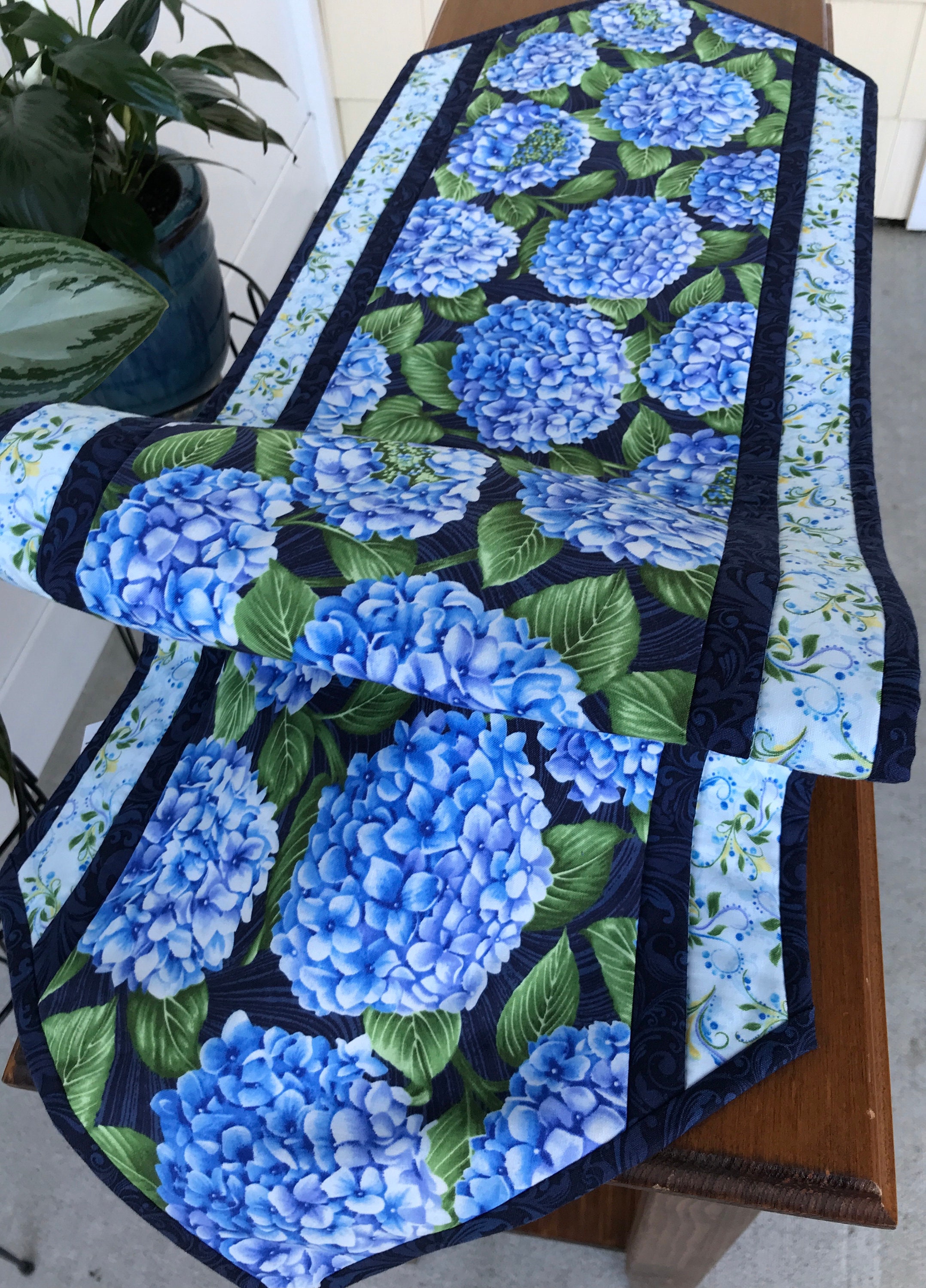 Floral Blue Hydrangea Blue Quilted Table Runner Blue Floral Etsy