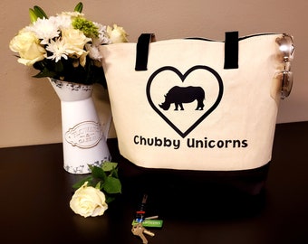 Save the Chubby Unicorns, Rhinos, Funny Tote Bag, Canvas Tote Bag with Zippered Pockets, Book Bag, Weekend Getaway Bag, Purse