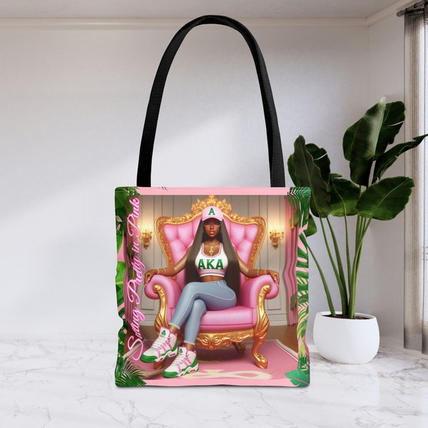 AKA Pink and Green Alpha Kappa Alpha Sorority Tote Bag, Sitting Pretty in Pink, Durable and Spacious, Uniquely Design, Ideal Soror Gift, 13"