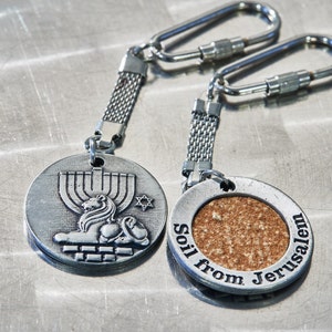 The 4 symbols of Jerusalem keychain. Inset with soil from Gethsemani, Mount of Olives,  Jerusalem, handmade & authentic. Support Israel!