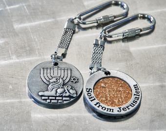 The 4 symbols of Jerusalem keychain. Inset with soil from Gethsemani, Mount of Olives,  Jerusalem, handmade & authentic. Support Israel!