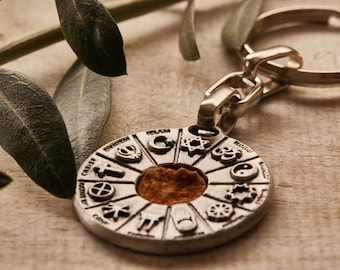 12 religion symbols keychain. Piece of art! Meaningful pendant Handmade & authentic. Pendant with original soil from Gethsemani Jerusalem.