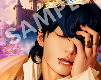 May include: A young person with dark hair and a crown on their head, wearing a white and gold robe, with a castle in the background.