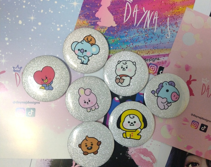 BT21 glitter pins chimmy koya shooky cooky tata rj mang BTS