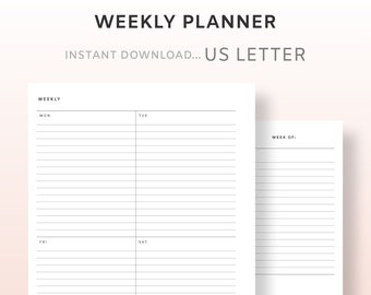 US Letter Undated Weekly Planner PDF | Printable Weekly Plan | Week on Two Pages Weekly Templates | Undated Printable Weekly Planner Refill